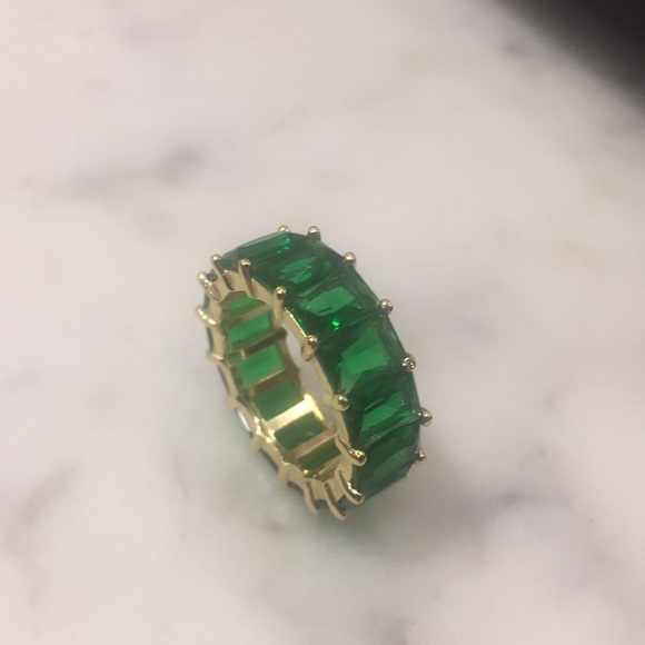 Green Baguette Ring Sterling Silver Gold Plated - Picture 2 of 6